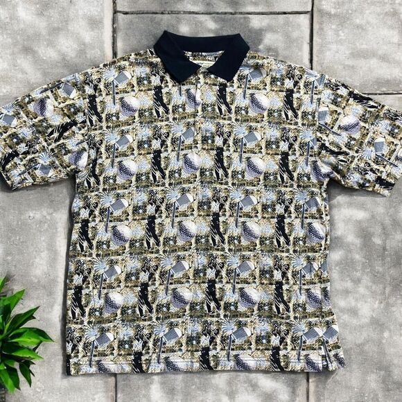 Natural Issue Vintage 90s AOP Golf Navy Tan Polo Shirt Mens Size Medium - Picture 1 of 8